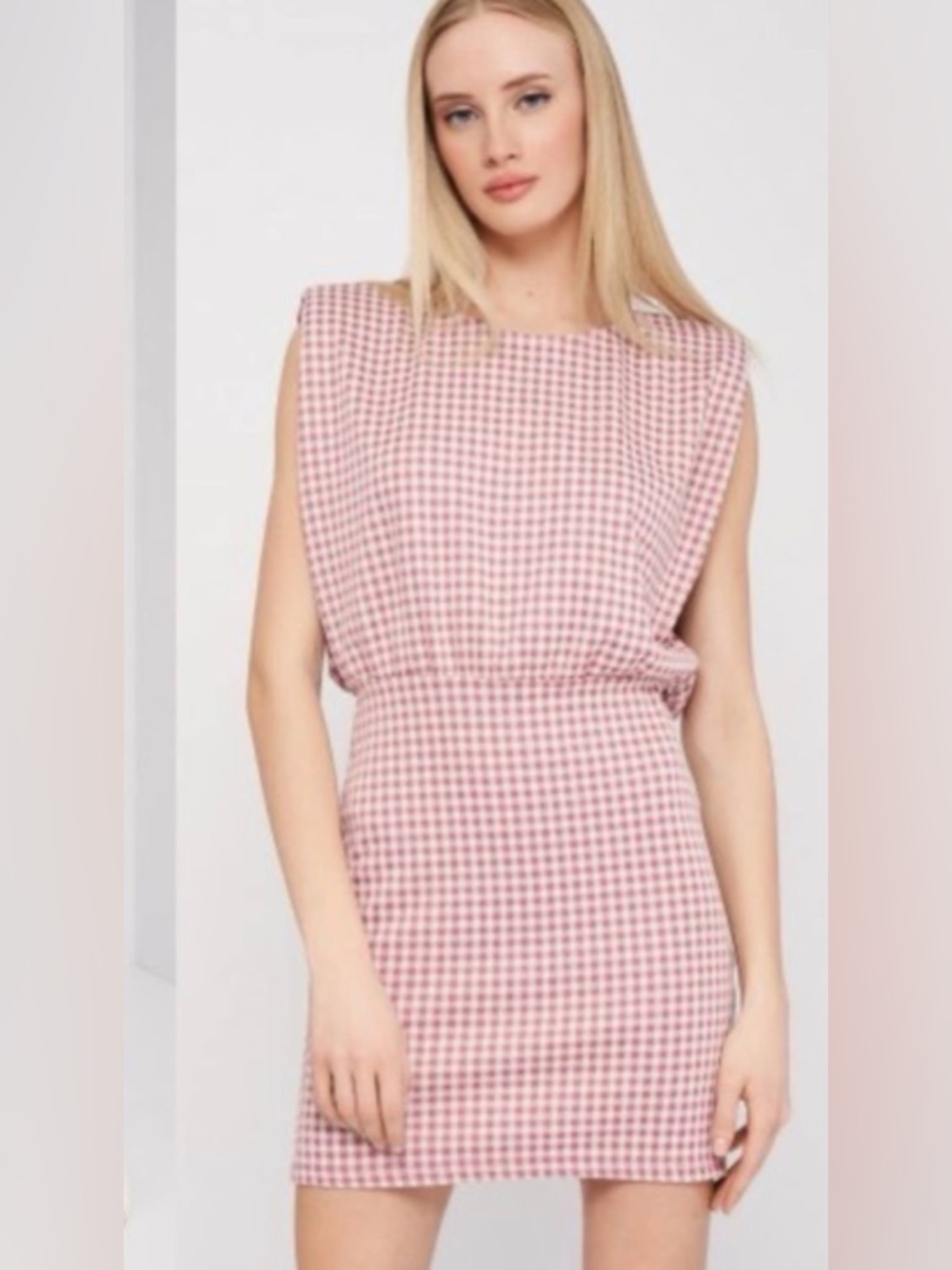 NWOT Zara Pink & White Gingham S Mini Dress with Shoulder Pads